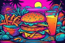 Fast Food, Burger Pop Art Collage Style In Neon Bold Color (Ai Generated)