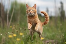 Ginger Cat Jumping, Play In Park (Ai Generated)