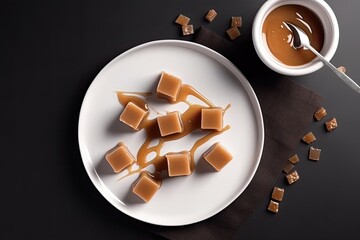 Gourmet Dessert Delight: Top View of Tasty Dulce de Leche Cubes on a White Plate. Generative AI