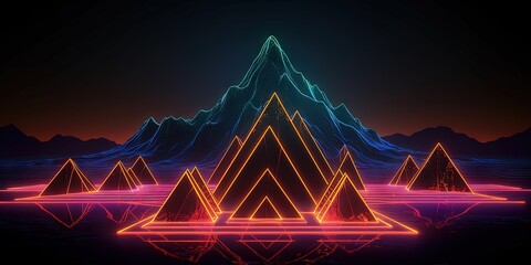 Poster - futurineon tri mountain landscape an abstract glowing geometric frame, generative ai