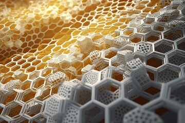 Network connection concept gold honeycomb shiny white background. Futuristic Abstract Geometric Background Design Made with Generative AI