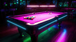 Game of billiards cue and layers on the tables neon light