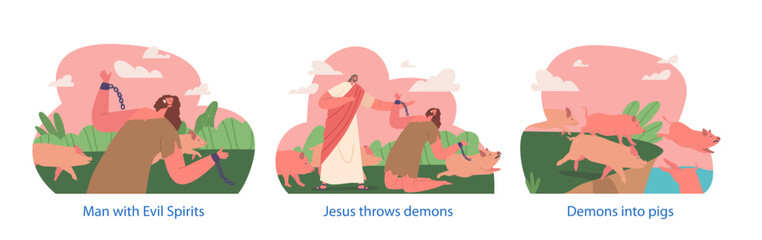 Wall Mural - Biblical Testament Scenes Jesus Christ Character Expelled Demon From Possessed Man Into A Group Of Swine, Illustration Generative AI