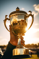 gold trophy cup being held up by a winning jockey on a horse, with a vibrant racecourse in the backg