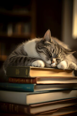 Wall Mural - cat sleeping on top of a mountain of books, ai