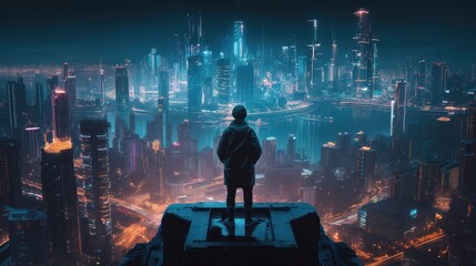 a person standing on skyscraper looking at a futuristic cyberpunk neon city skyline during a misty n