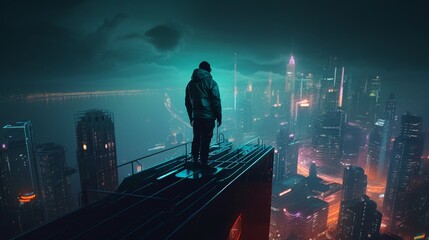 A person standing on skyscraper looking at a futuristic cyberpunk neon city skyline during a misty night