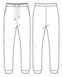 Tracksuit joggers waistband elastic with drawstring, hem elastic front and back view vector template.