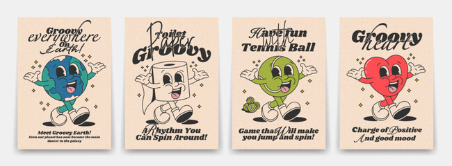 Collection of bright groovy posters 70s. Retro poster with funny cartoon walking characters, planet earth, toilet paper, tennis ball, heart, vintage prints, isolated