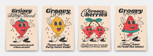 Collection Of Bright Groovy Posters 70s. Retro Poster With Funny Cartoon Walking Characters In The Form Of Food, Strawberries, Lemons, Cherries And A Slice Of Watermelon, Vintage Prints, Isolated