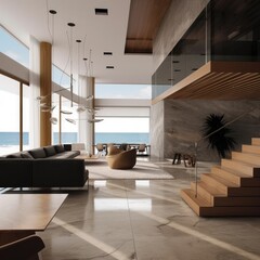 Wall Mural - ultra modern beach house, interior design, glass, marble, beach, sea, double hight, luxury interior design, teak wood. generative ai