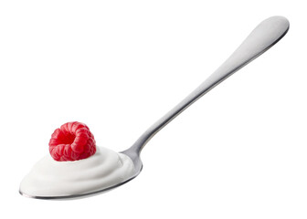 Wall Mural - Spoon of fresh greek yogurt and raspberry on white background