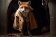 Cunning fox in a detective's trench coat emerges from a portal, ready to solve a mystery. Generative AI
