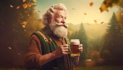 Wall Mural - German man holding a large beer during the oktoberfest. Generative AI illustrations