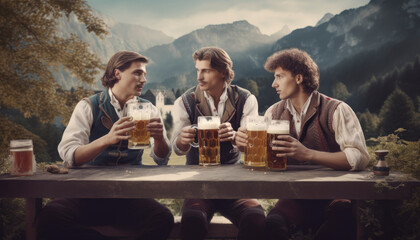 German men holding a large beer during the oktoberfest. Generative AI illustrations