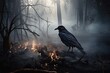 Eerie Evening: A Black Crow Emerging from Smoke in a Dark Forest at Full Moon: Generative AI