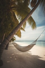 Wall Mural - Luxury Summer Vacation: Relax in a Hammock Amongst Caribbean Palm Trees at a Beach Resort. Generative AI