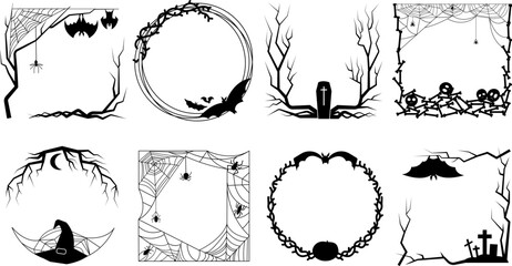 Halloween scary frames from bones, spiderweb, pumpkins and tree. Bats border, creepy horror mystical witch hat and spiders decent vector elements