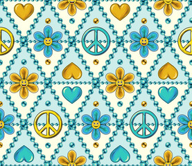 Wall Mural - Seamless pattern with chamomile flower, heart, peace sign, beads, emoji. Rhombus geometric grid. Peaceful, positive background in groovy, hippie style.