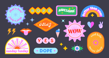 Wall Mural - Vector set of cute funny patches and stickers in 90s style.Modern icons or symbols in y2k aesthetic with text.Trendy pop art designs for banners,social media marketing,branding,packaging,covers