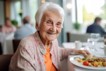 Senior woman in a retirement home having lunch. Generative AI