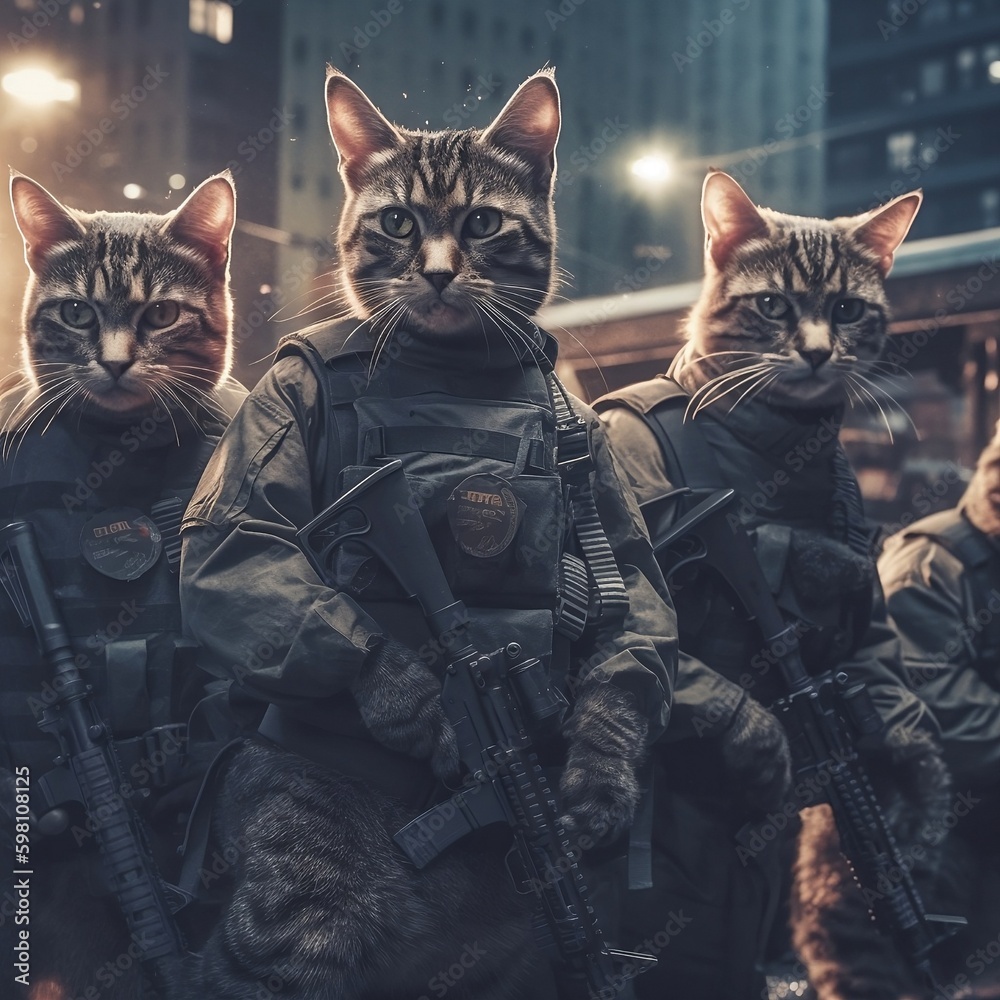 A team of Multiple cats preparing for battle, wearing sunglasses and ...