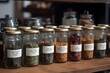 A colorful assortment of loose leaf teas displayed in small glass jars.