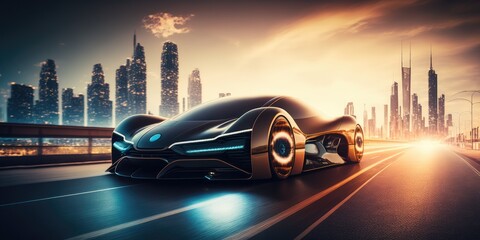 Poster - futuristic electric car, super car driving on city highway road with motion blur. distinct generativ