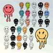 Groovy Melting Smiling Faces. Psychedelic Distorted Emoji Vector Illustration in 1970s Hippie Retro Style for Print on T-Shirts, Posters, Creating Logos and Patterns, Web Design and Social Media.