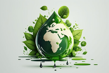 illustration of earth in water drop shapewith green leaves, concept of world water day, created with