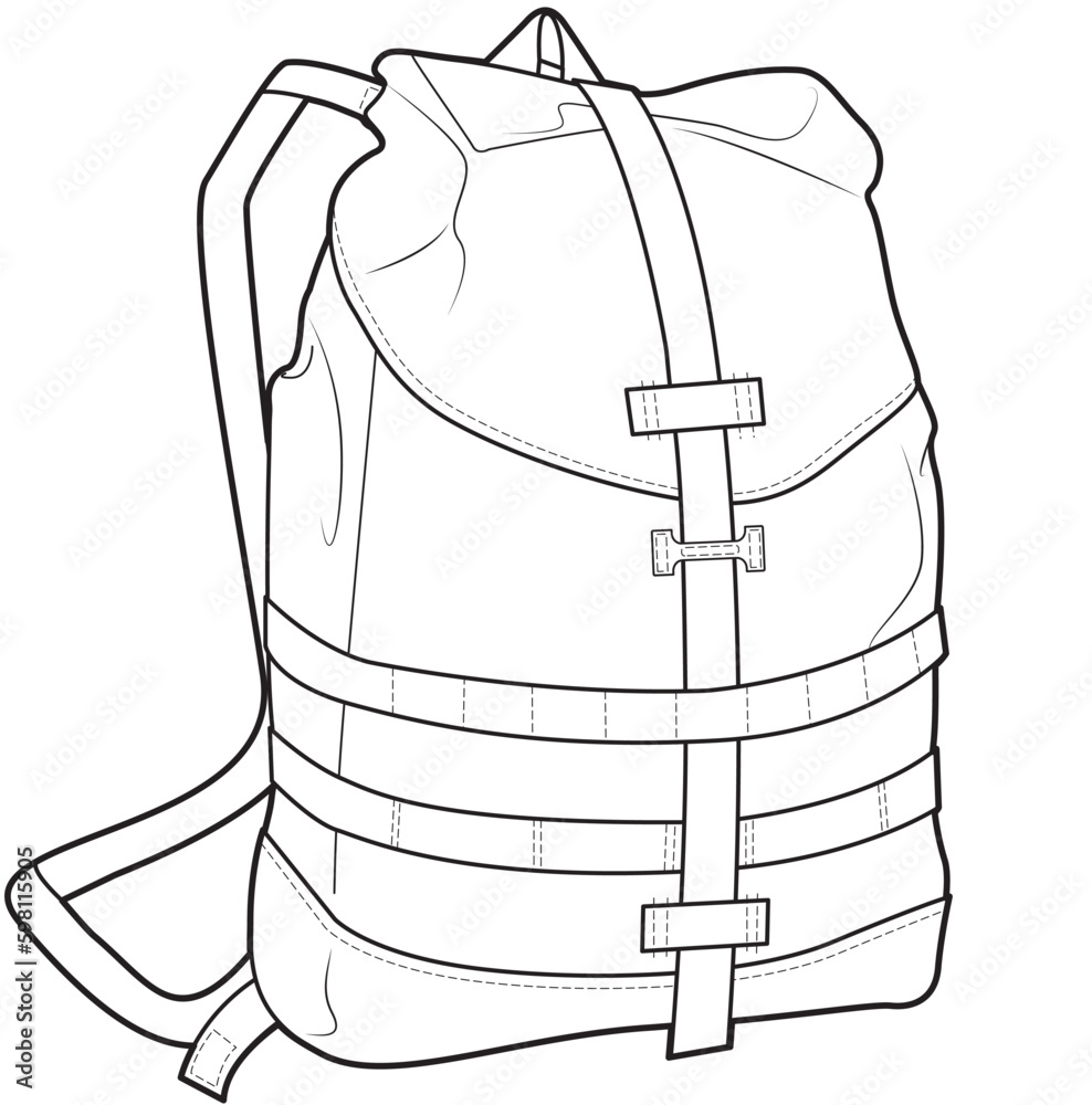 rucksack traveling bag flat sketch vector illustration technical cad ...