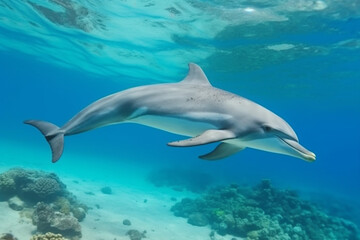 Wall Mural - Dolphin swimming in the sea,  underwater on a reef background, generated ai