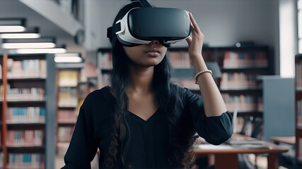 A student uses VR glasses to search for a book in the library, generative AI