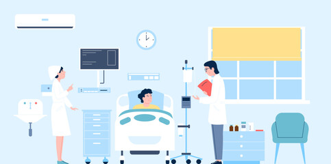 Hospital room inside interior, patient and doctors. Ambulance, hospitalized man in bed. Medical modern practice, healthcare recent vector scene