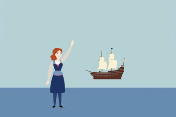 Wendy waving goodbye with a trembling hand as the ship sets sail taking Peter Pan away into the horizon. Psychology emotions concept. AI generation. Generative AI