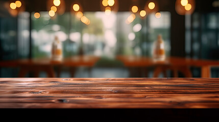 empty wood table top on abstract blurred restaurant background