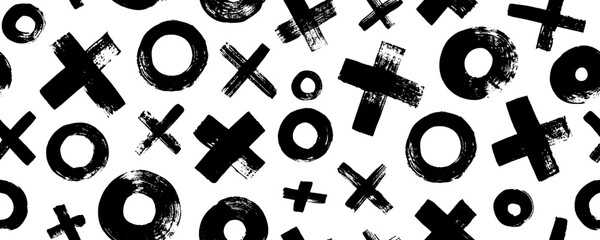 XOXO seamless pattern. Bold brush drawn crosses and circles banner. Abstract geometric background with tic tac toe. Grunge texture with symbols of zero and crosses. Black paint brush strokes.