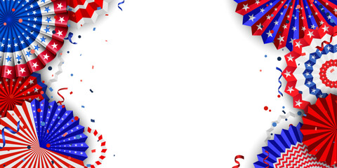 Wall Mural - Vibrant red blue and white paper fans with confetti, for the 4th of July, Memorial day, Veterans day, or other American patriotic holiday celebrations.