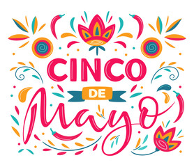 Cinco de Mayo, May 5, federal holiday in Mexico. Fiesta vector banner design with Mexican floral traditional elements. Ornate folk graphic. Lettering ornamental sign for poster, greeting card