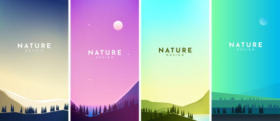 Wall Mural - Vector illustration. Flat landscape collection. Clear gradient sky. Forest background with pine trees. Design elements for flyer, coupon, voucher, gift card. Nature phone wallpapers with empty space