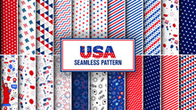 Collection Of Patriotic American Red, Blue Seamless Star And Stripes Patterns. Vector Illustration.