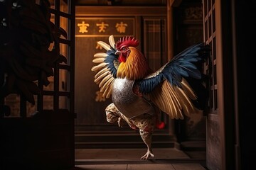 Proud rooster in a samurai armor jumps through a portal, ready to defend his honor. Generative AI