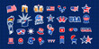 © MimiAhmed - Big set of vector American stickers. Elements of united states. The collection includes usa flag, 4th July, star, barbecue, balloons, fireworks, etc. Icon, sign, symbol, label vector illustration.