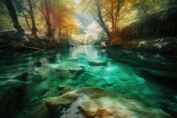 Canvas Print - River flowed through the valley, its waters crystal clear and teeming with magical creatures. Generative AI