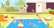 Kids pool party. Child friends jump to basin splash, swimming in water or underwater boy and girl playing ball at summer backyard floating on inflatable ring, vector illustration