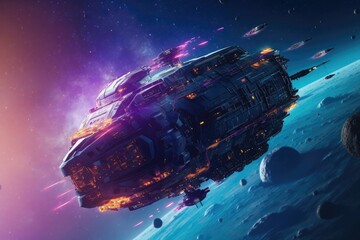 Wall Mural - Spaceship flying through a colorful nebula, with a purple and blue color scheme and a futuristic space suit. Generative AI