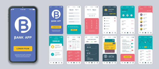 Aufkleber - Banking mobile app screens set for web templates. Pack of login, secure password, financial account, credit card management, other mockups. UI, UX, GUI user interface kit for layouts. Vector design
