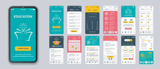 Aufkleber - Education mobile app screens set for web templates. Pack of login, different lessons, progress statistics, calendar, schedule, other mockups. UI, UX, GUI user interface kit for layouts. Vector design