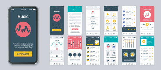 Fototapete - Music mobile app screens set for web templates. Pack of login account, playlist, audio player, equalizer, settings, radio and other mockups. UI, UX, GUI user interface kit for layouts. Vector design