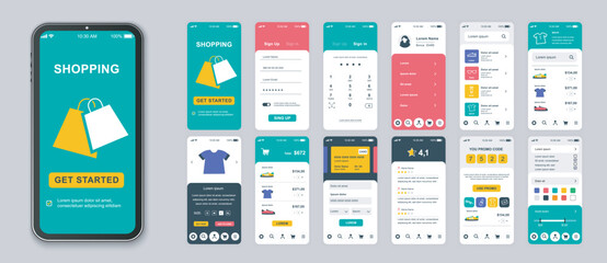Aufkleber - Shopping mobile app screens set for web templates. Pack of login, choose goods, online ordering, payment, promo code and other mockups. UI, UX, GUI user interface kit for layouts. Vector design